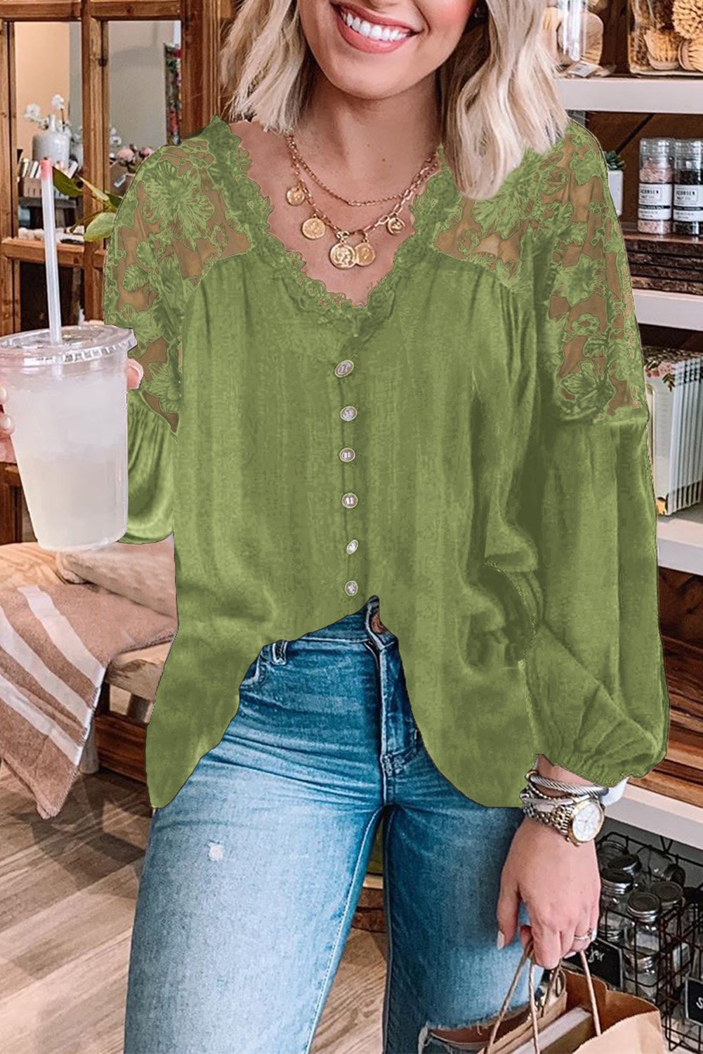 V Neckline Lace Shoulder Blouse