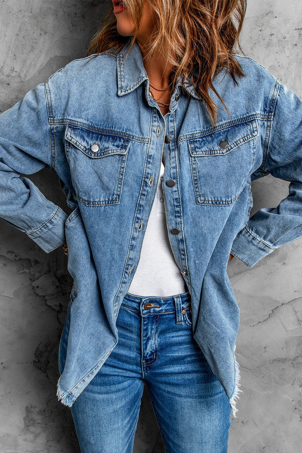 Sky Blue Raw Hem Buttoned Denim Jacket
