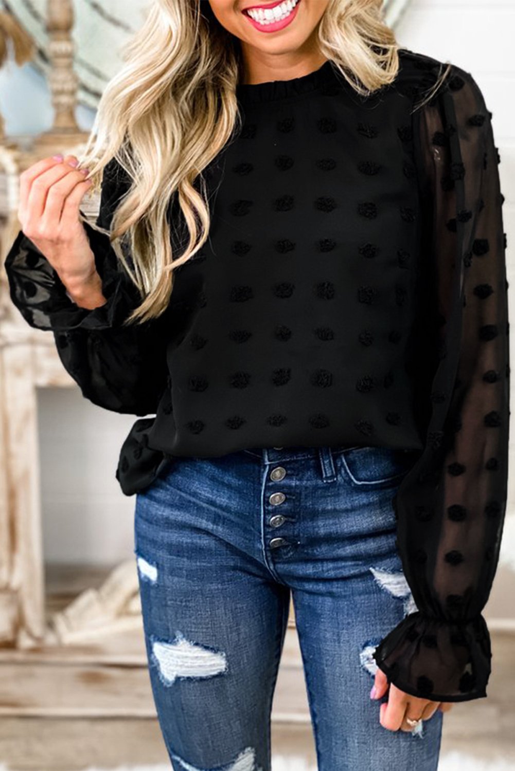 Polka Dot Lantern Sleeve Mesh Splicing Blouse