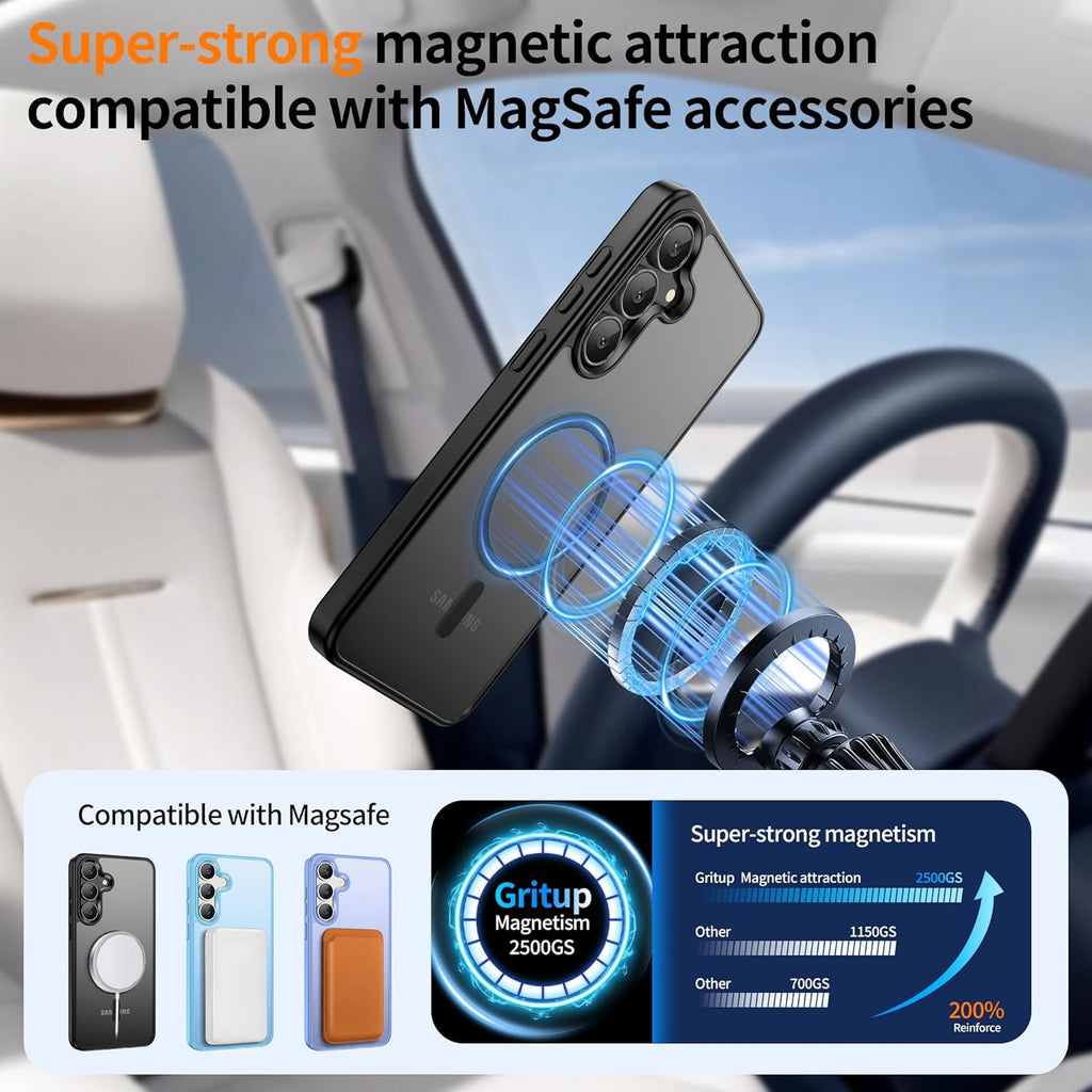 Gritup for Samsung Galaxy S24/S25 Case with 2 PCS Screen Protector (Compatible with Magsafe)(Military Grade Drop Protection) Slim Translucent Matte & Anti-Fingerprint Phone Cover for S24/S25,Black
