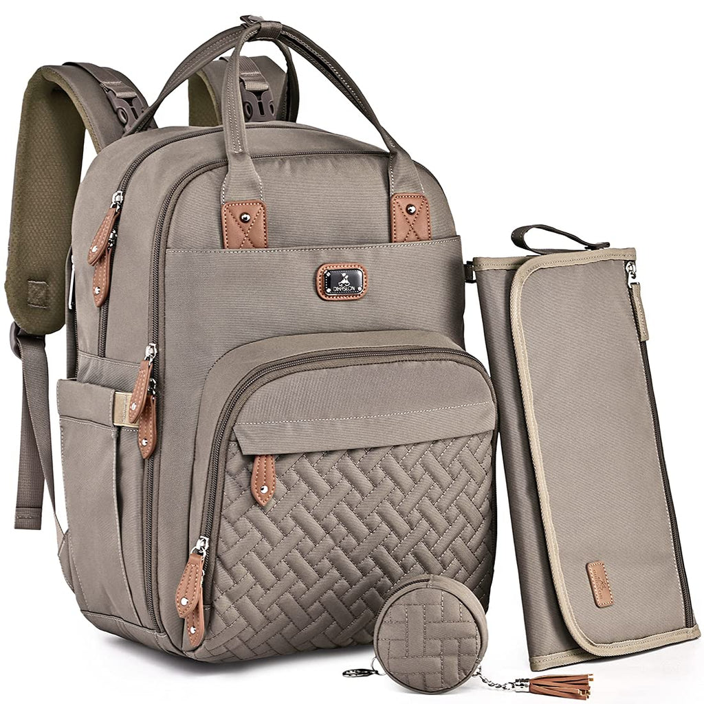 Dikaslon Diaper Bag Backpack with Portable Changing Pad, Pacifier Case and Stroller Straps, Large Unisex Baby Bags for Boys Girls, Multipurpose Travel Back Pack Moms Dads, Brown