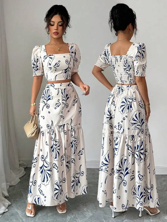 2026 Women Summer Two Piece Outfit, Floral Print Sexy Top + Elegant Long Dress Set, Casual Matching Suit Dating Daily Wear