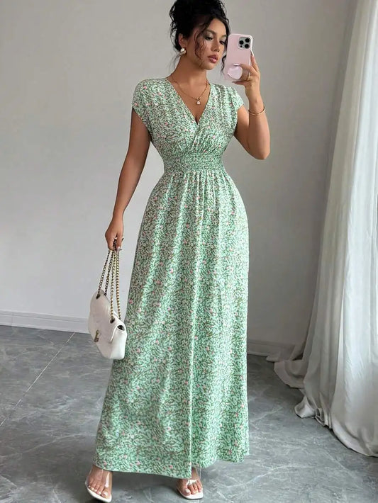 2026 Summer Women Emerald Green Big Floral Print Maxi Dress, Elegant Deep V Neck Shirred Waist Long Dress Dating, Party, Evening