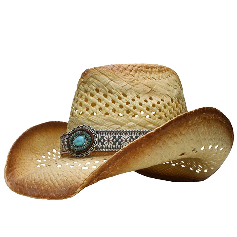 Turquoise Band Casual Hollowed Out Women Men Unisex's Retro Raffia Straw Wide Brim Beach Cowboy Cowgirl Western Sun Hat (58cm)