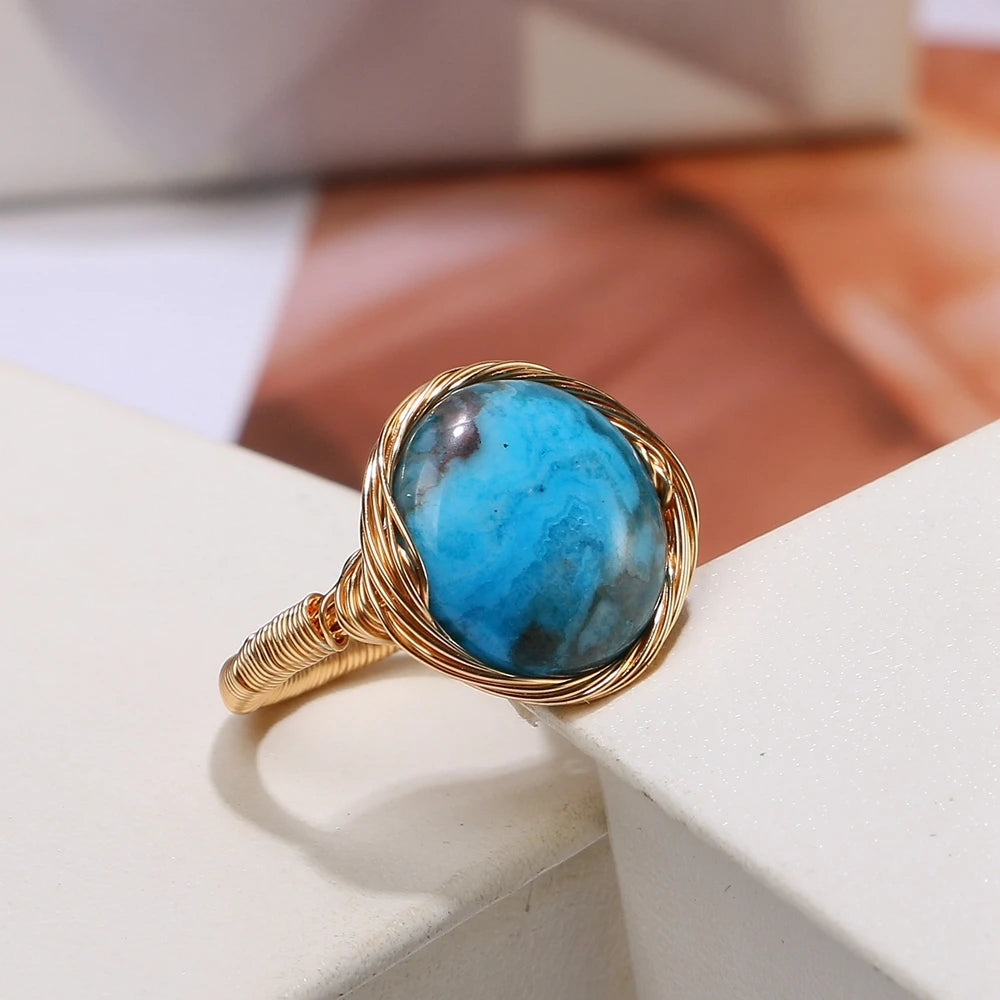 ShinyGem  Baroque Natural Blue Agate Fashion Jewelry 14K Electroplated Gold Wire  Handmade Bracelet And Ring Set For Women