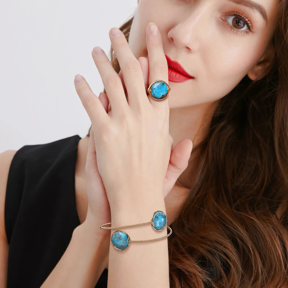 ShinyGem  Baroque Natural Blue Agate Fashion Jewelry 14K Electroplated Gold Wire  Handmade Bracelet And Ring Set For Women