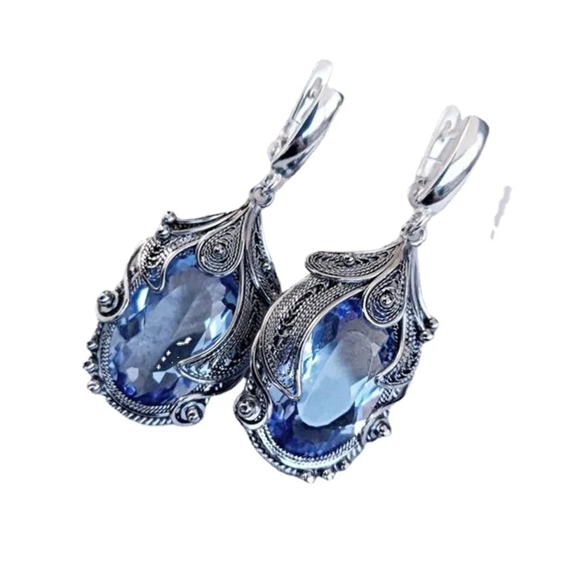 Jianjie Elegant Women's Light Blue Oval Zircon Earrings Ethnic Style Retro Silver Carving Banquet Classic New Ear Jewelry Trend