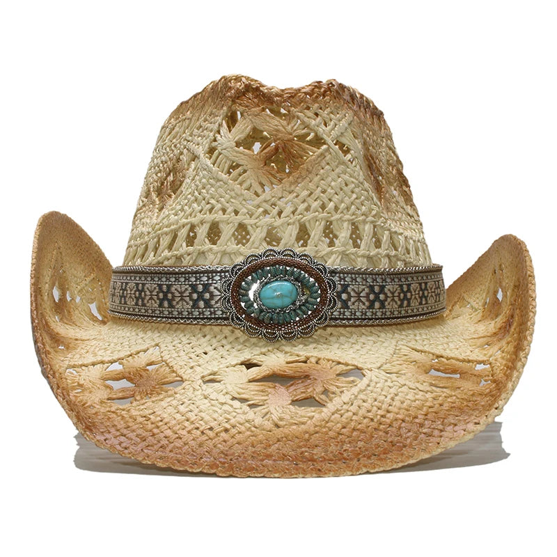 Turquoise Band Casual Hollowed Out Women Men Unisex's Retro Raffia Straw Wide Brim Beach Cowboy Cowgirl Western Sun Hat (58cm)