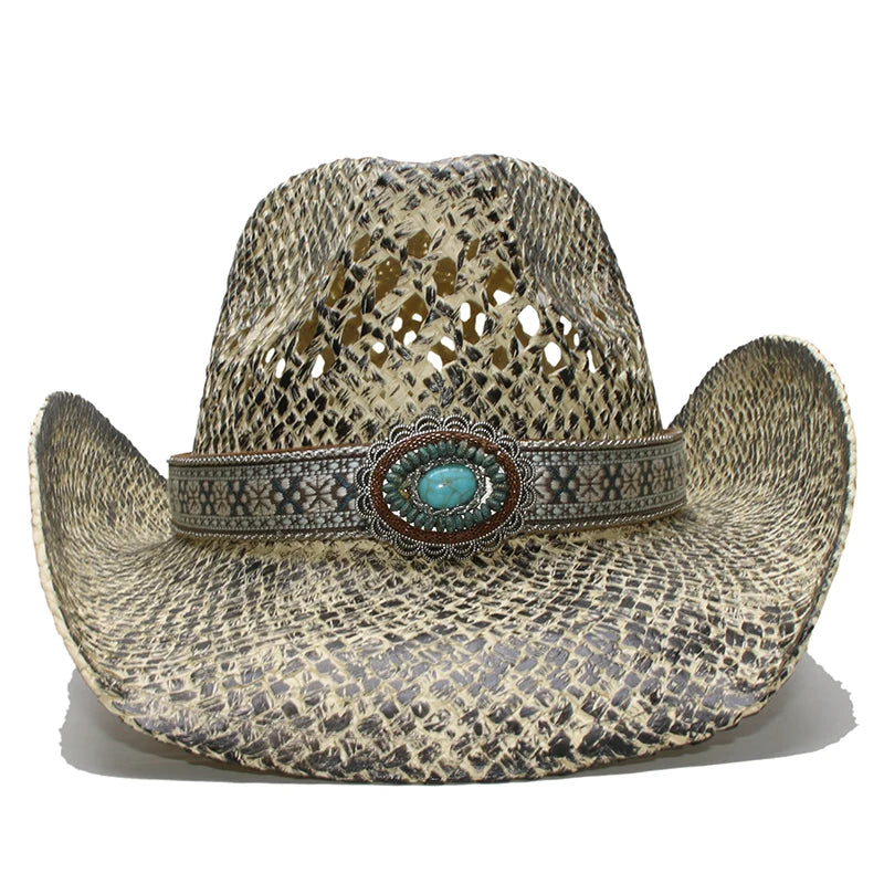 Turquoise Band Casual Hollowed Out Women Men Unisex's Retro Raffia Straw Wide Brim Beach Cowboy Cowgirl Western Sun Hat (58cm)