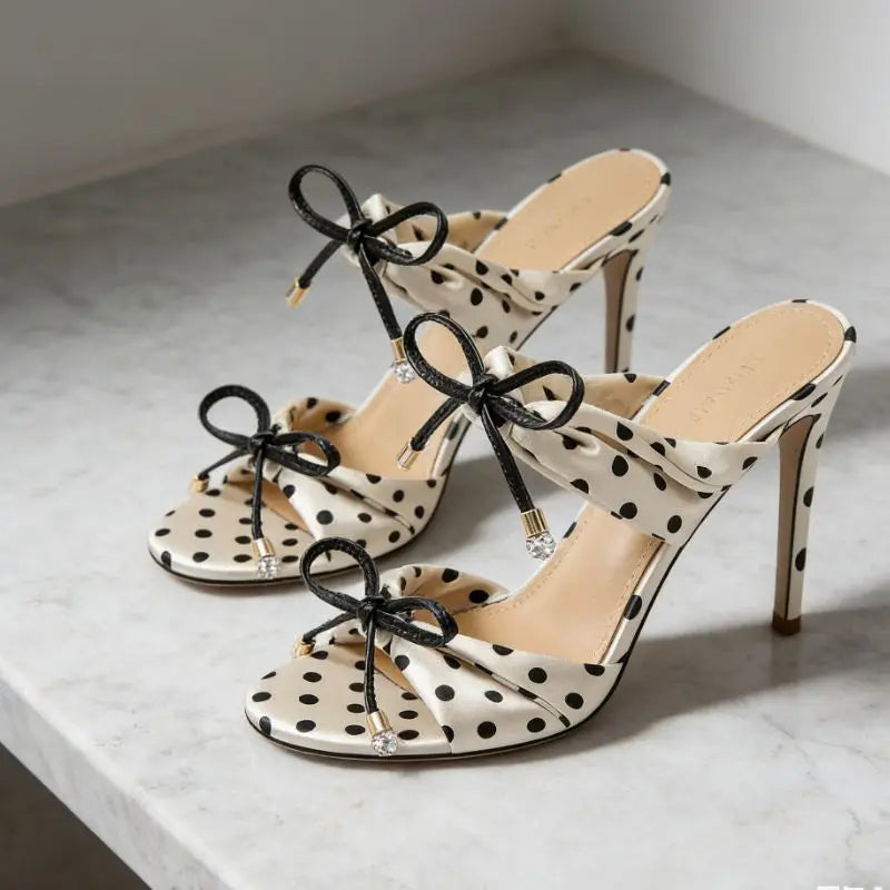 Women's Polka Dot Satin Silk Stiletto Mules Bow Decor Open Toe High Heel Sandals for Party