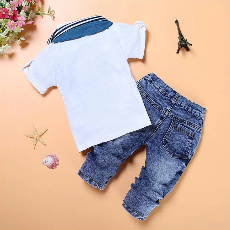 2021 Summer Kids Clothes Boy Short Sleeve Cotton T-Shirt Tops Jeans Scarf 3PCS Baby Kid Casual Set 2-7Y Infant New Cute Outfit