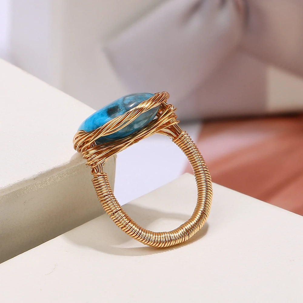 ShinyGem  Baroque Natural Blue Agate Fashion Jewelry 14K Electroplated Gold Wire  Handmade Bracelet And Ring Set For Women