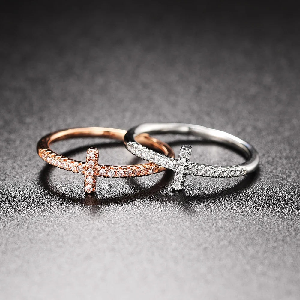 Korean Fashion Cross Crystal Rings For Women Personality Micro Pave CZ Thin Ring Finger Jewelry Daily Accessories Hot Gift R715
