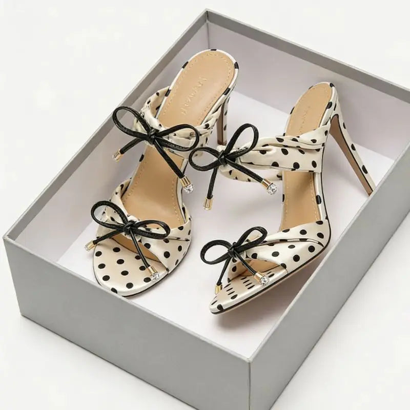 Women's Polka Dot Satin Silk Stiletto Mules Bow Decor Open Toe High Heel Sandals for Party