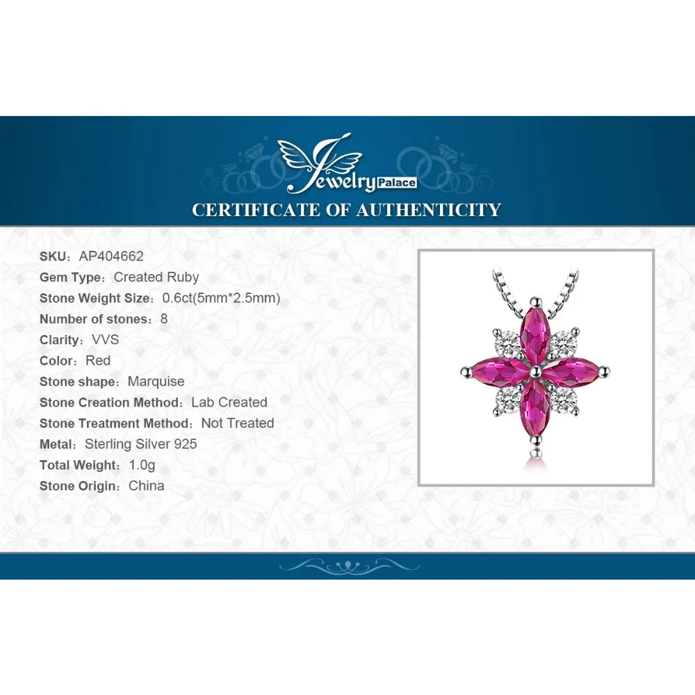 JewelryPalace Flowers Created Ruby 925 Sterling Silver Pendant Necklace for Woman Cross Gemstone Fine Jewelry Choker No Chain