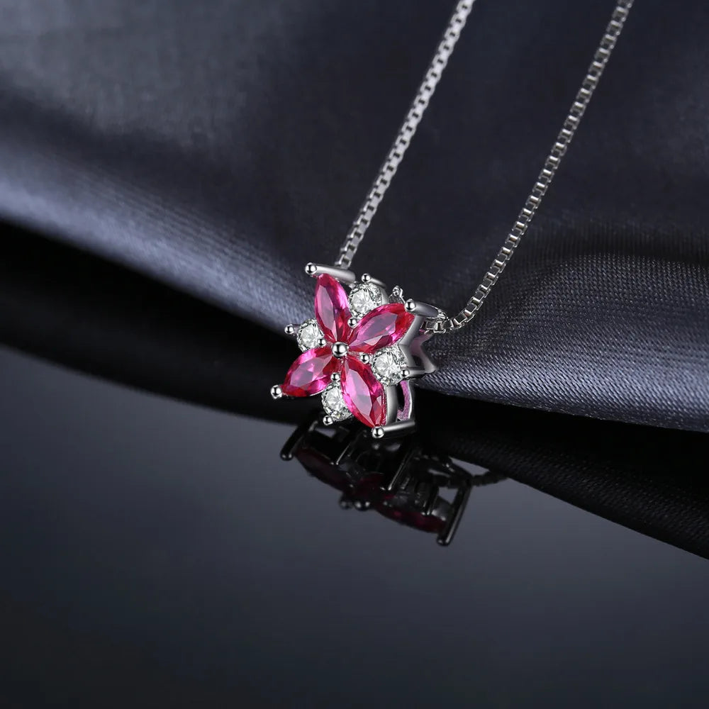 JewelryPalace Flowers Created Ruby 925 Sterling Silver Pendant Necklace for Woman Cross Gemstone Fine Jewelry Choker No Chain