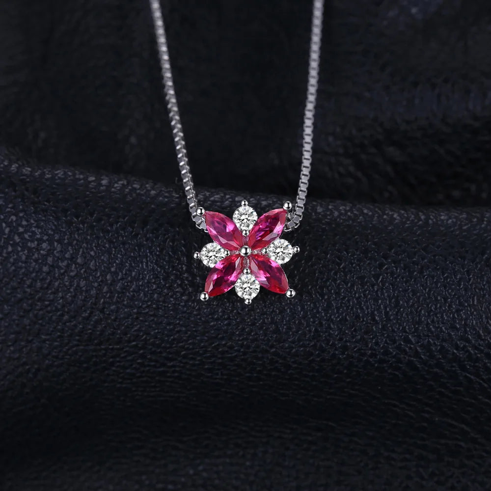 JewelryPalace Flowers Created Ruby 925 Sterling Silver Pendant Necklace for Woman Cross Gemstone Fine Jewelry Choker No Chain