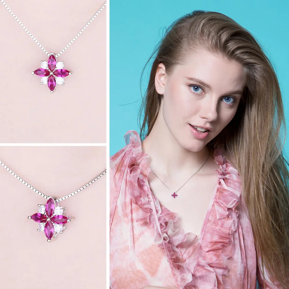 JewelryPalace Flowers Created Ruby 925 Sterling Silver Pendant Necklace for Woman Cross Gemstone Fine Jewelry Choker No Chain