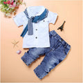 2021 Summer Kids Clothes Boy Short Sleeve Cotton T-Shirt Tops Jeans Scarf 3PCS Baby Kid Casual Set 2-7Y Infant New Cute Outfit
