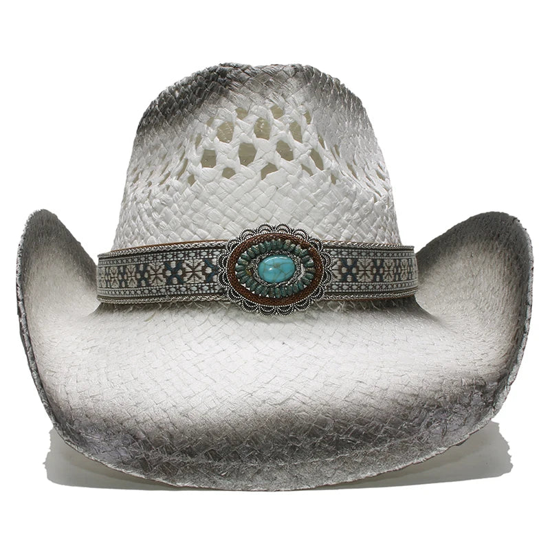 Turquoise Band Casual Hollowed Out Women Men Unisex's Retro Raffia Straw Wide Brim Beach Cowboy Cowgirl Western Sun Hat (58cm)