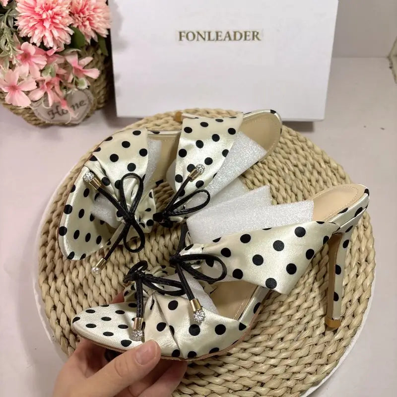 Women's Polka Dot Satin Silk Stiletto Mules Bow Decor Open Toe High Heel Sandals for Party