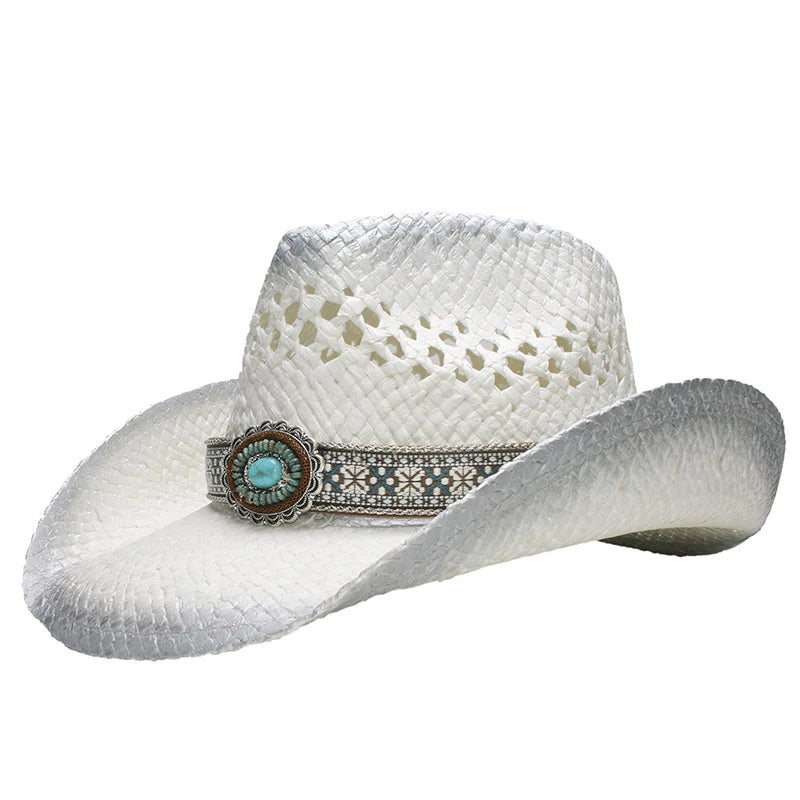 Turquoise Band Casual Hollowed Out Women Men Unisex's Retro Raffia Straw Wide Brim Beach Cowboy Cowgirl Western Sun Hat (58cm)