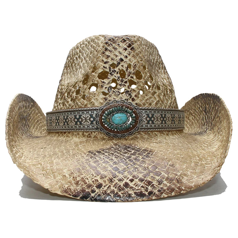 Turquoise Band Casual Hollowed Out Women Men Unisex's Retro Raffia Straw Wide Brim Beach Cowboy Cowgirl Western Sun Hat (58cm)