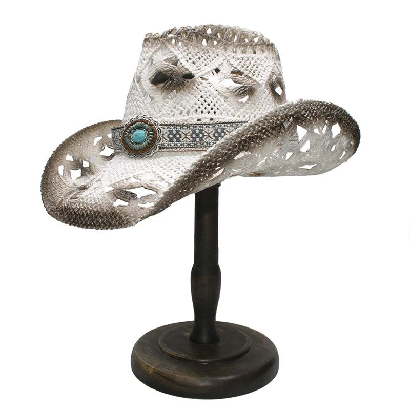 Turquoise Band Casual Hollowed Out Women Men Unisex's Retro Raffia Straw Wide Brim Beach Cowboy Cowgirl Western Sun Hat (58cm)