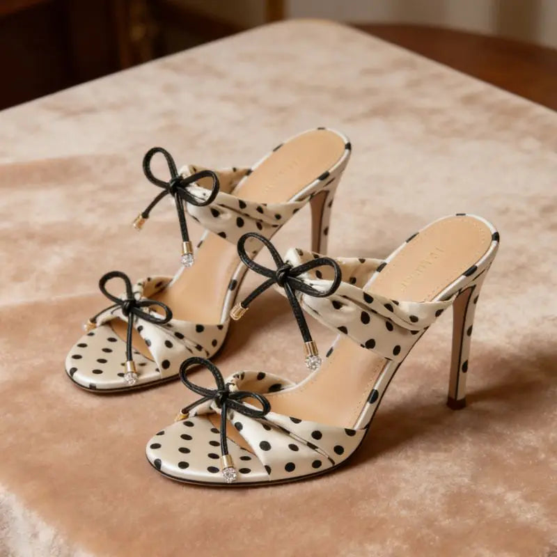 Women's Polka Dot Satin Silk Stiletto Mules Bow Decor Open Toe High Heel Sandals for Party