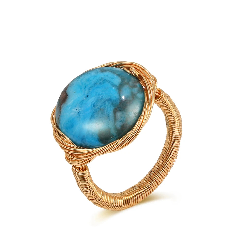 ShinyGem  Baroque Natural Blue Agate Fashion Jewelry 14K Electroplated Gold Wire  Handmade Bracelet And Ring Set For Women