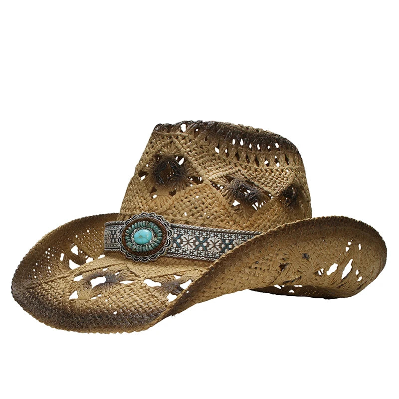 Turquoise Band Casual Hollowed Out Women Men Unisex's Retro Raffia Straw Wide Brim Beach Cowboy Cowgirl Western Sun Hat (58cm)