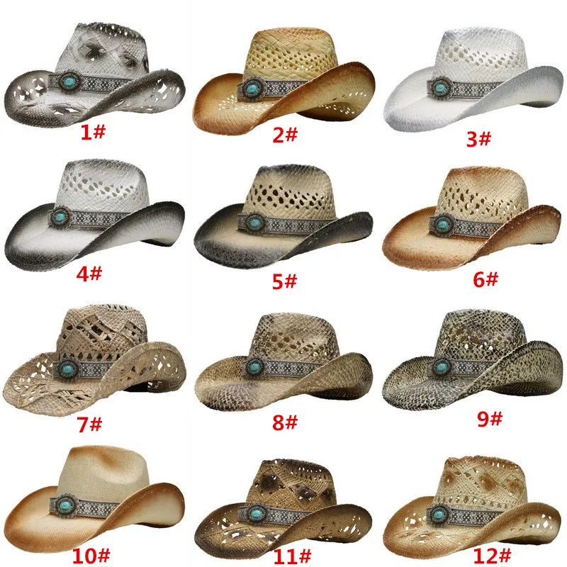 Turquoise Band Casual Hollowed Out Women Men Unisex's Retro Raffia Straw Wide Brim Beach Cowboy Cowgirl Western Sun Hat (58cm)