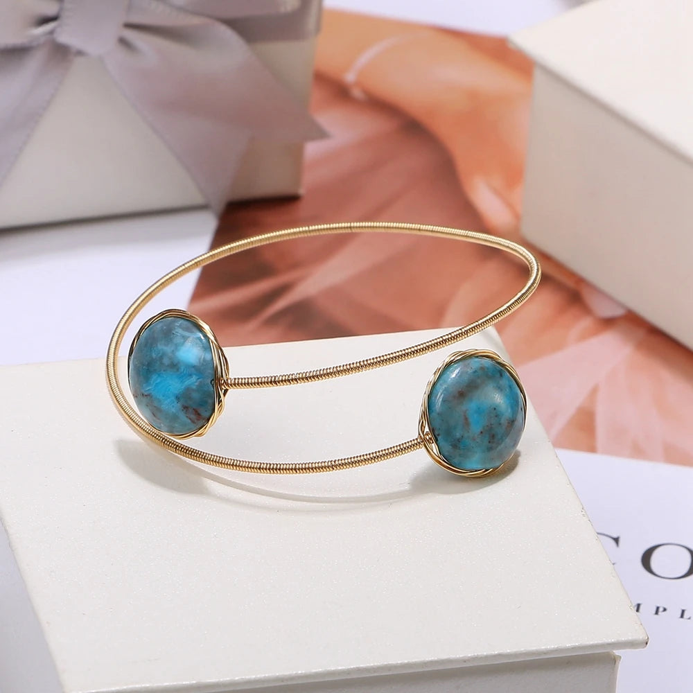ShinyGem  Baroque Natural Blue Agate Fashion Jewelry 14K Electroplated Gold Wire  Handmade Bracelet And Ring Set For Women