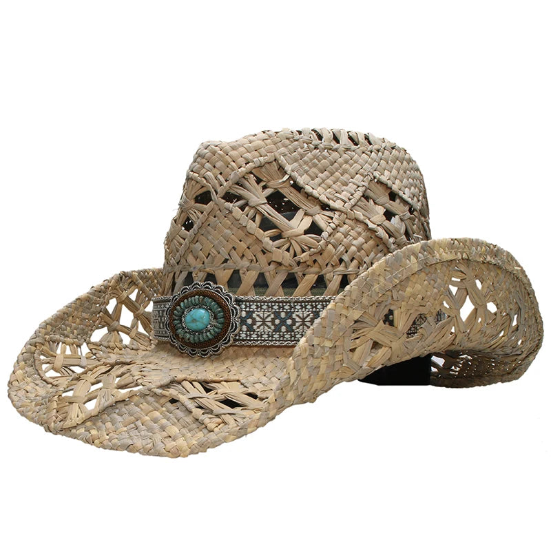 Turquoise Band Casual Hollowed Out Women Men Unisex's Retro Raffia Straw Wide Brim Beach Cowboy Cowgirl Western Sun Hat (58cm)
