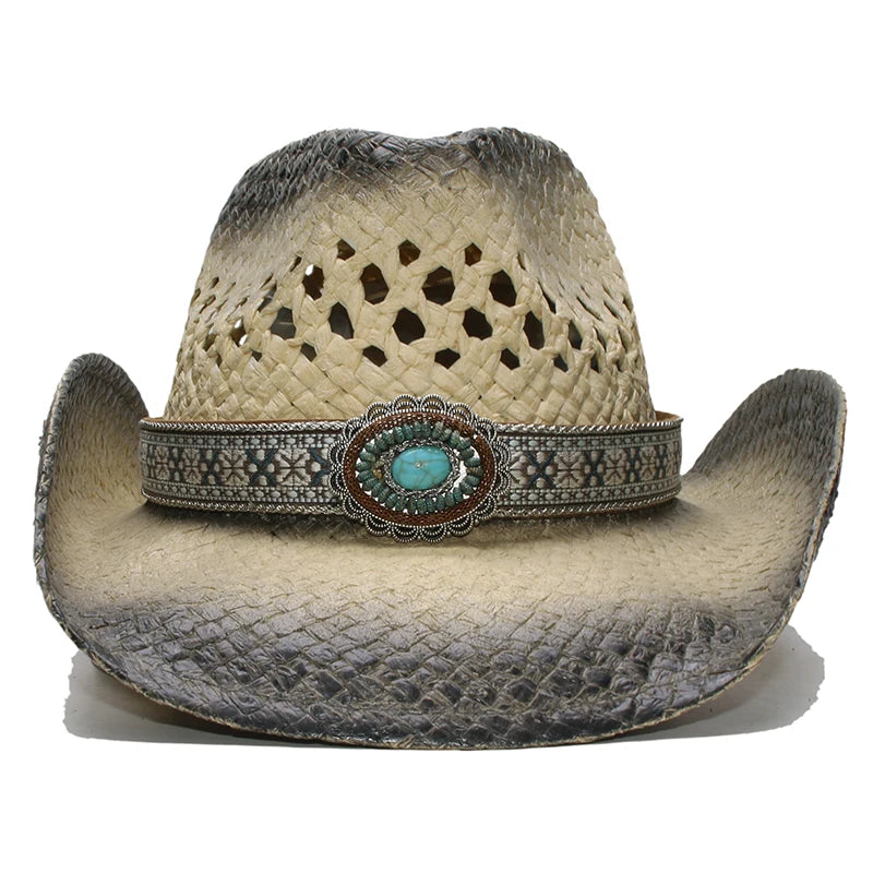 Turquoise Band Casual Hollowed Out Women Men Unisex's Retro Raffia Straw Wide Brim Beach Cowboy Cowgirl Western Sun Hat (58cm)