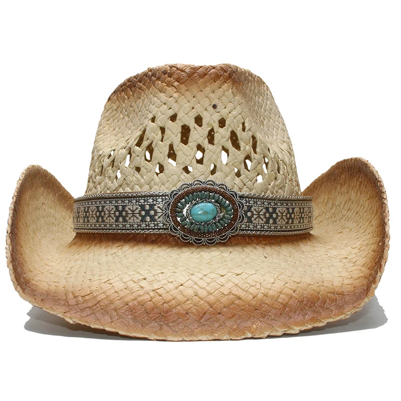 Turquoise Band Casual Hollowed Out Women Men Unisex's Retro Raffia Straw Wide Brim Beach Cowboy Cowgirl Western Sun Hat (58cm)