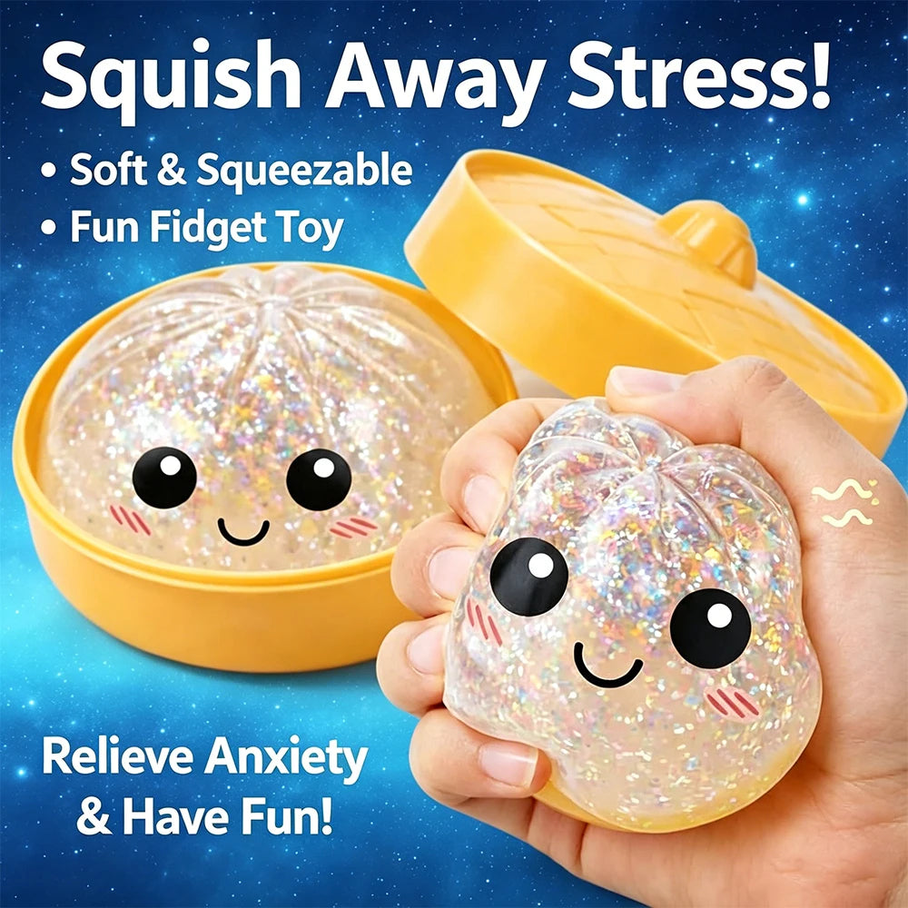 Squishy Bun Stress Relief Toy, Cute Glitter Steamed Bun Squeeze Toy, Slow Rebound Anti-Stress Fidget Toy for Kids Adults