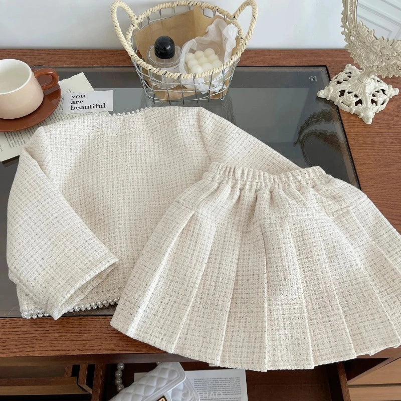 Teen Girl Clothes 2025 Tweed Two Piece Skirt Sets Luxury Designer Outfit Coat Suit Costume Kids Clothing Children Beige Boutique