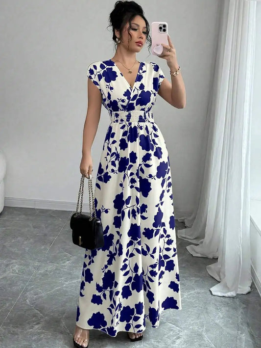 2026 Summer Women Dark Blue Big Floral Print Maxi Dress, Elegant Deep V Neck Shirred Waist Long Dress, Dating, Party and Dance