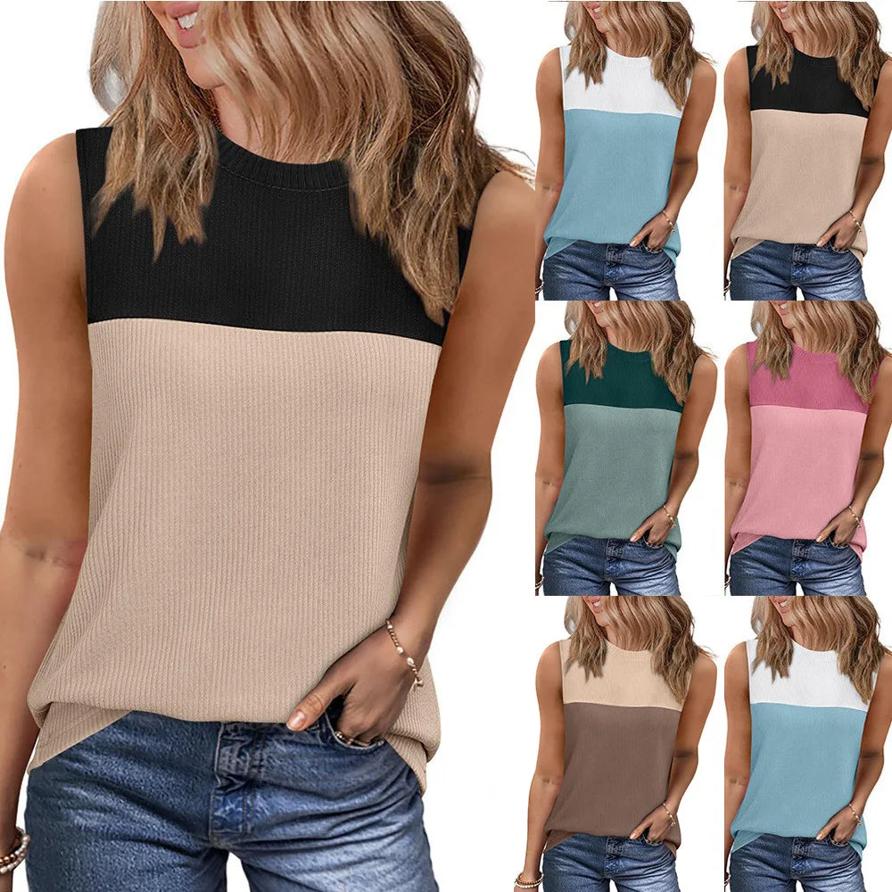 2025 New Shirts For Women Loose Blouses Elegant Casual Female Vest Y2K Clothes Sleeveless Color Block O-Neck Basic Tops Tanks