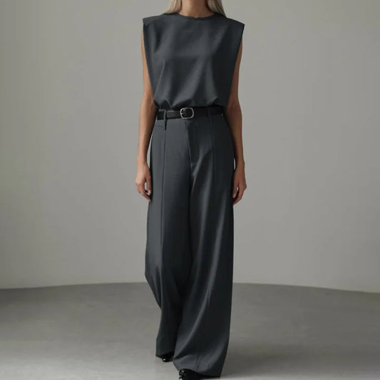 Women's Dark Gray 2 Piece Outfit - Sleeveless Round Neck Top & High Waist Wide Leg Pants with Belt Casual Office Wear Set