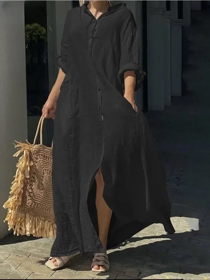 2024 Spring Cotton Linen Oversize Women Dress Long White Button Loose Dresses Female New Casual Trendy Elegant Ladies Clothes