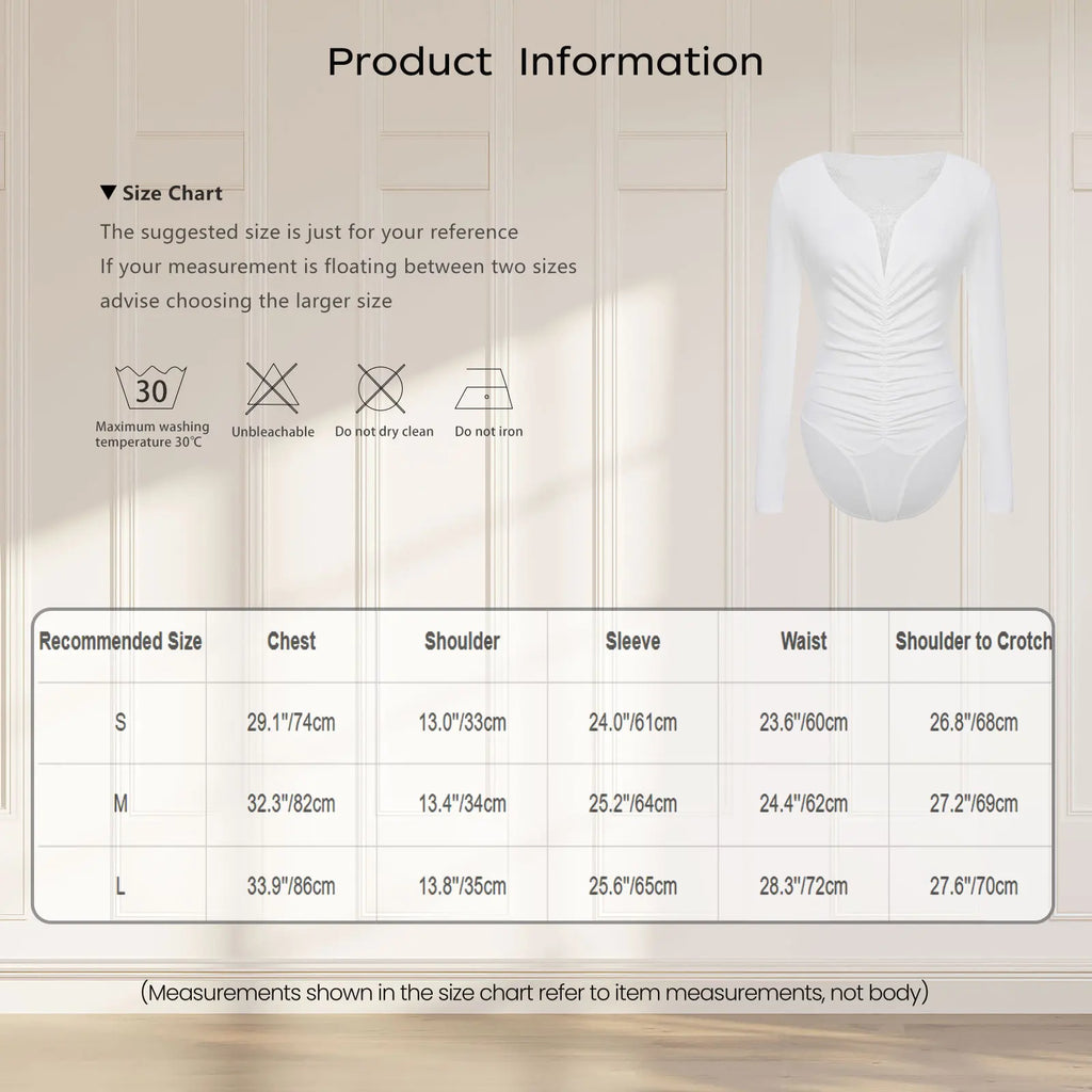 Womens Versatile Bodysuit  Bodywear Undershirt Deep V Neck with Lace Trim Front Middle Ruched Buttoned Crotch Leotard Jumpsuit