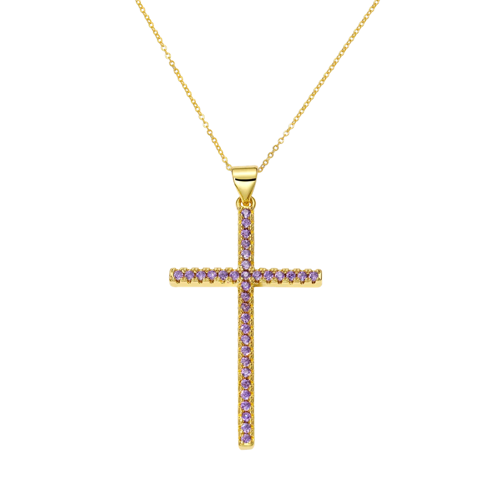 Juya 18K Real Gold Plated Handmade Decoration Cubic Zirconia Enamel Cross Pendant Necklace For Women Christian Jewelry Supplies