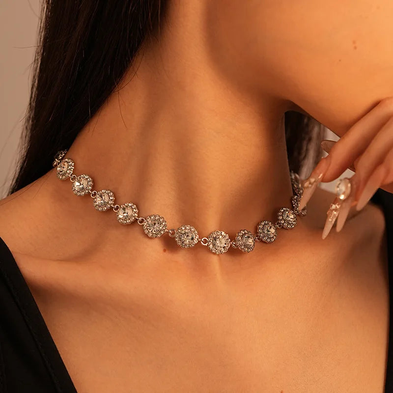 DREJEW Geometric Colorful Crystal Choker Necklaces for Women Clavicle Chain Necklaces Jewelry Bijoux for Party Gift Accessories
