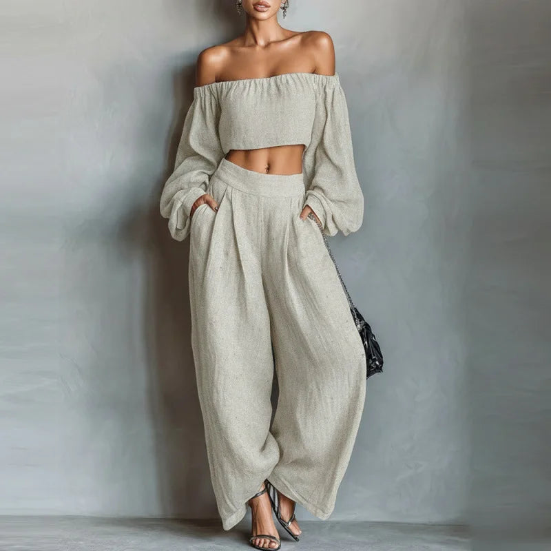 Women Outfit Off 2 Piece Shoulder Long Sleeve Top High Waisted Loose Wide Leg Pants Casual Pants Sets Fashion Commuting Outfits