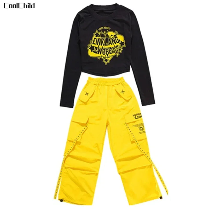 Hip Hop Kids Cool Crop Top K-pop Street Dance Cargo Pants Plaid Skirts Girls Streetwear Children Yellow Jazz Costume Clothes Set