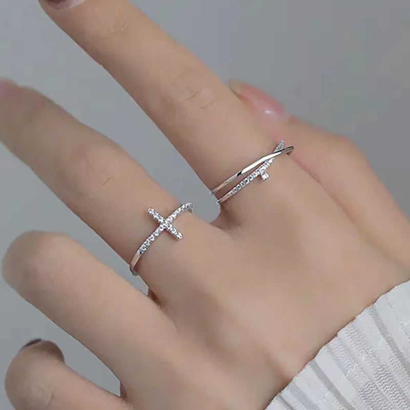 Korean Fashion Cross Crystal Rings For Women Personality Micro Pave CZ Thin Ring Finger Jewelry Daily Accessories Hot Gift R715