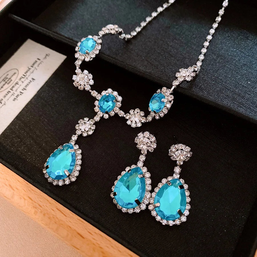 DREJEW Diamond-inlaid Blue Water Drop Jewelry Set for Women  Light Luxury High-end Temperament  Wedding Earrings Necklace Sets