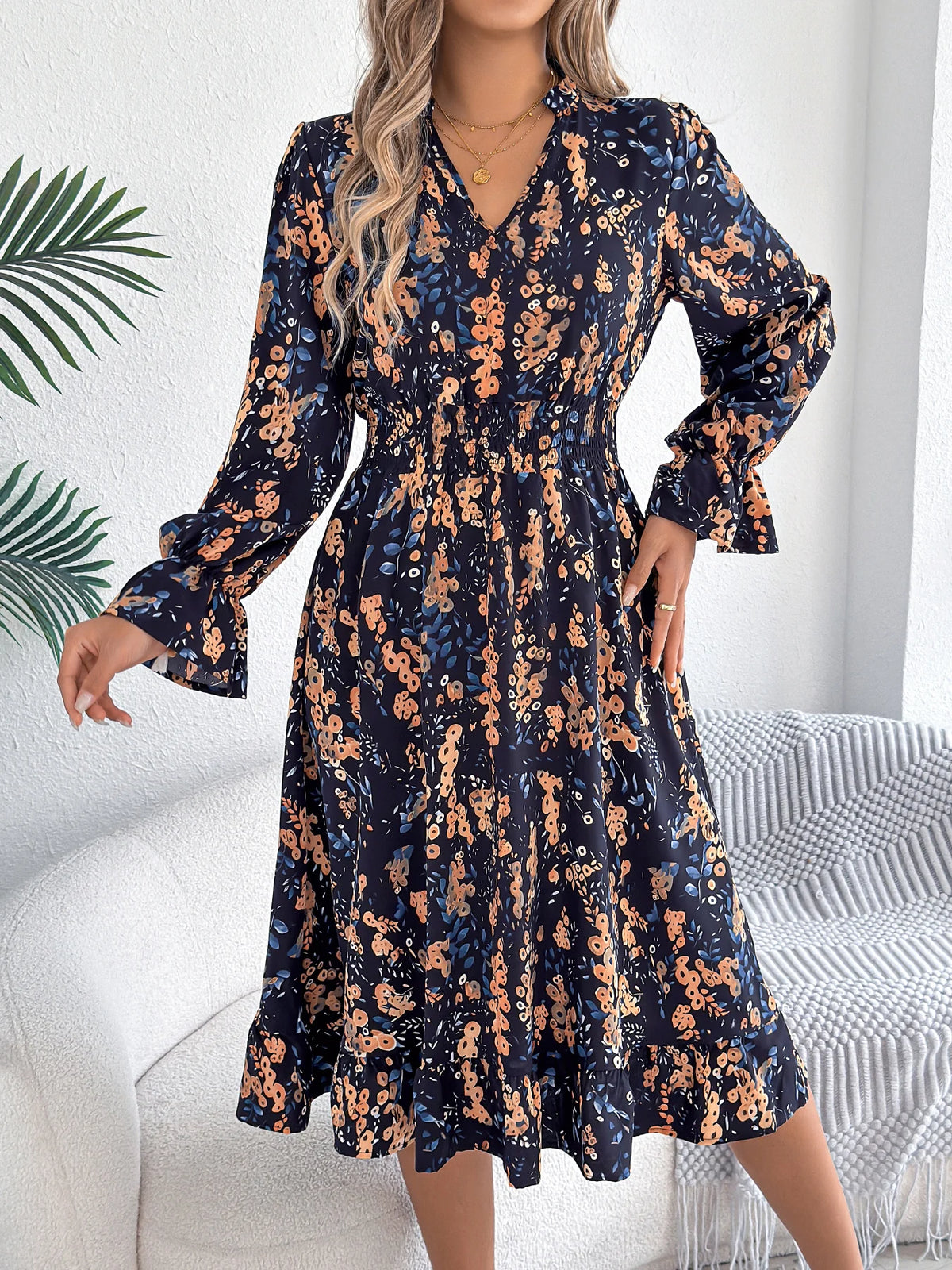 Women's Long Sleeve Ruffled A-Line Dress